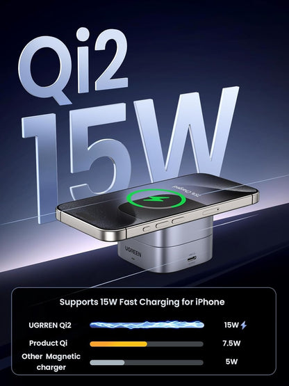 UGREEN MagFlow Qi2 Wireless Charger, 15W 2 in 1 Magsafe Charging Station for Travel, Foldable Adjustable, Compatible with iPhone 16/15/14/13/12 Series, AirPods 3/2/Pro (No AC Adapter)