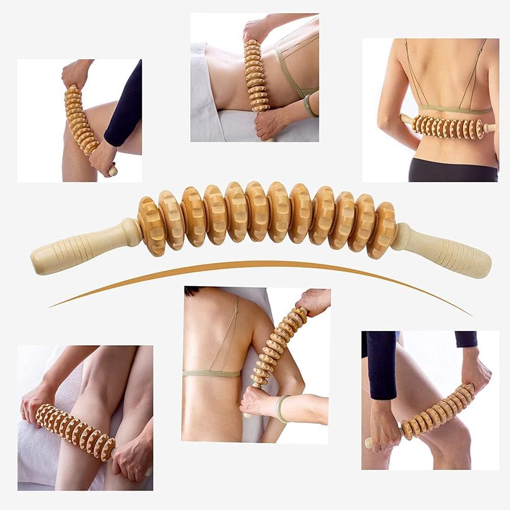 Xugoox Curved Wood Therapy Massage Roller for Waist and Thigh, Multi-Functional Body Roller Lymphatic Drainage Massager Roller for Cellulite Reduction and Muscle Tension, Natural Massager for Women and Men 16inch