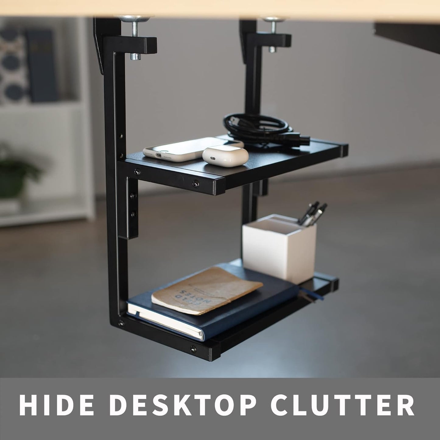 VIVO Clamp-on 33cm Above or Below Desk 2-Tier Shelving Unit for Table Accessories, Gaming Devices, and More, Storage Tray, Desktop Organizer, Black, STAND-SHELF2C
