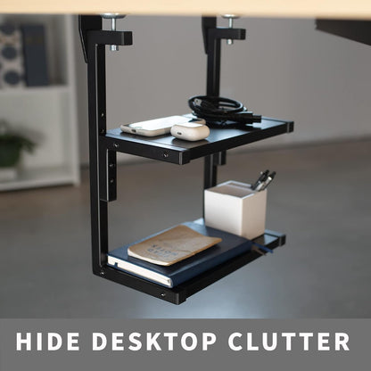 VIVO Clamp-on 33cm Above or Below Desk 2-Tier Shelving Unit for Table Accessories, Gaming Devices, and More, Storage Tray, Desktop Organizer, Black, STAND-SHELF2C