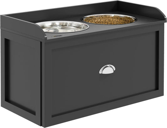 PawHut Elevated Dog Bowls for Large Dogs, Raised Pet Feeding Station with 2 Stainless Steel Bowls, Hidden Storage Drawer, Wood Stand for Cats, Black