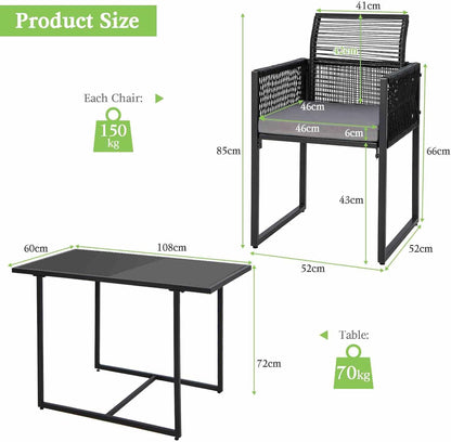 Costway 3 Pieces Outdoor Dining Set, Patio PE Rattan Furniture Set w/Folding Backrest, Cozy Seat Cushions, Tempered Glass Tabletop, Space-Saving Rattan Chair Table Set for Backyard, Poolside