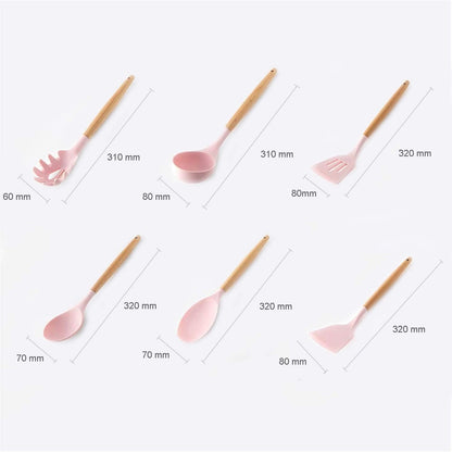 Hubei Silicone Kitchen Utensils Set Kitchen Utensils Wooden Handles Heat Resistant Kitchen Gadgets Grey Kitchen Utensils Non-Stick (Pink-12pcs)