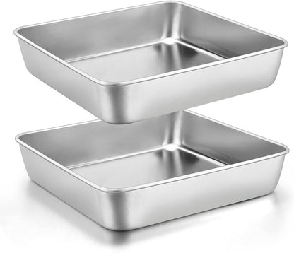 9 x 9-Inch Baking Pan, E-far Square Cake Brownie Baking Pans Stainless Steel Bakeware Set of 2, Fits in Small Toaster Oven, Non-Toxic & Dishwasher Safe