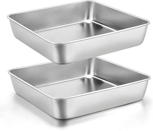 9 x 9-Inch Baking Pan, E-far Square Cake Brownie Baking Pans Stainless Steel Bakeware Set of 2, Fits in Small Toaster Oven, Non-Toxic & Dishwasher Safe