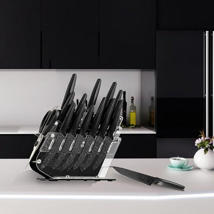 17 Pcs Kitchen Knife Set with Block High Carbon Stainless Steel Block Knife Set Sharp Blade Chef Bread Cleaver Knife,Pizza Cheese Steak Knives,Scissor Sets,Elegant Gift