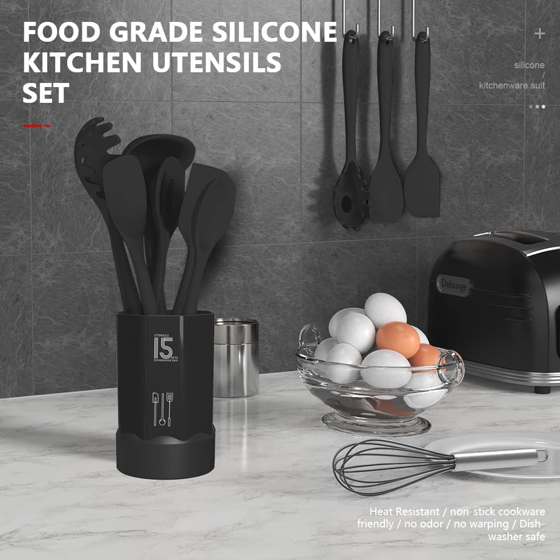 Dishwasher Safe Silicone Cooking Utensils Set - 446°F Heat Resistant Basic Silicone Kitchen Utensils,Turner Tongs, Spatula, Spoon, Brush, Whisk, Gadgets Tools for Nonstick Cookware (BPA Free - Black)