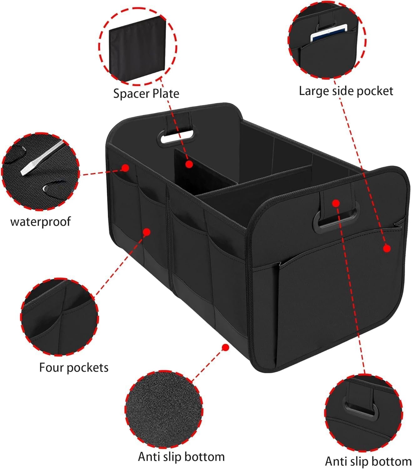 Car Trunk Organizer, Collapsible Two Compartment Car Organizer, Foldable SUV & Truck Storage for Car Accessories for Women Men, Non Slip Bottom, Sturdy Side Walls
