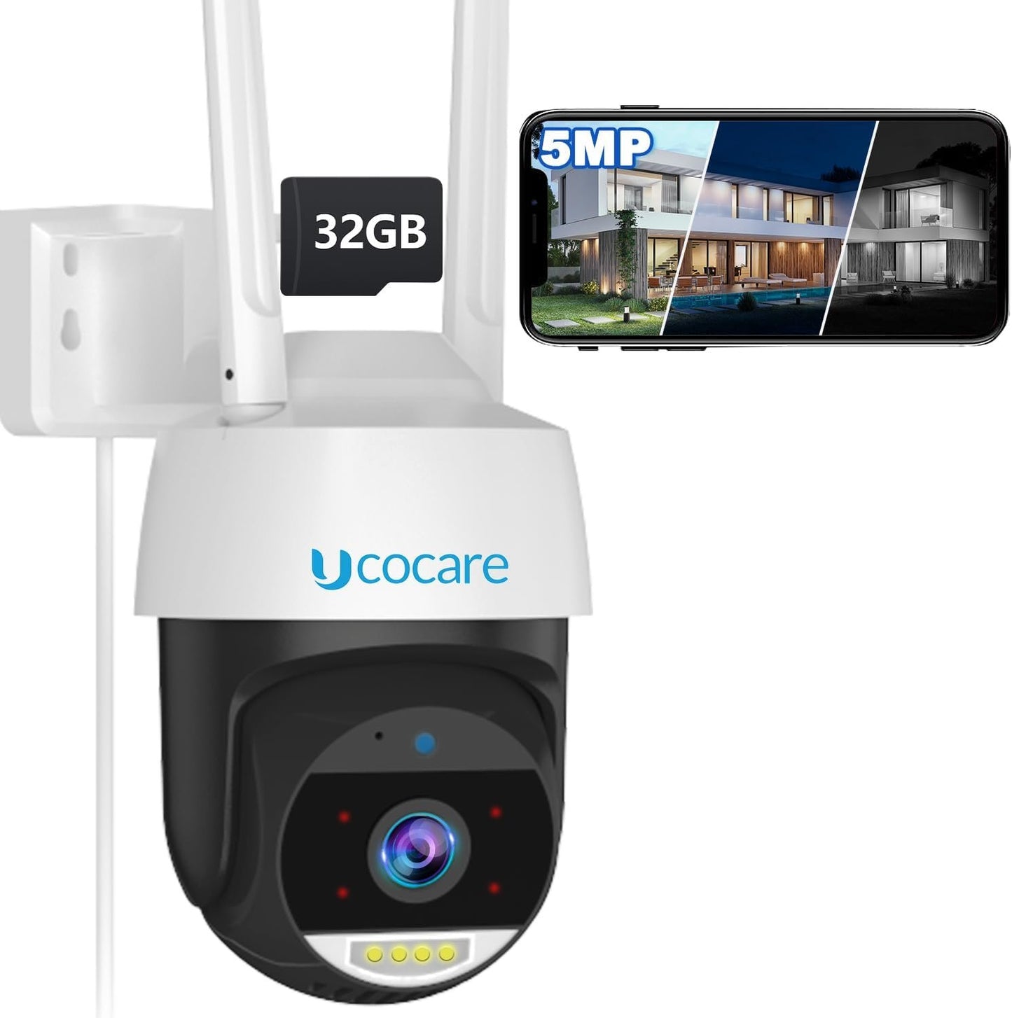 Security Cameras Wireless Outdoor, UCOCARE 3K/5MP Outdoor Security Cameraã€32GB Memory Card Includedã€‘, PTZ Camera with 360Â° Coverage, Smart Motion Tracking, Full Color Night Vision, Two-Way Talk