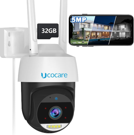 Security Cameras Wireless Outdoor, UCOCARE 3K/5MP Outdoor Security Cameraã€32GB Memory Card Includedã€‘, PTZ Camera with 360Â° Coverage, Smart Motion Tracking, Full Color Night Vision, Two-Way Talk