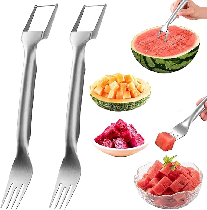 Watermelon Cutter，2-in-1 Stainless Steel Fruit Cutter, 2025 New Upgrade Dual Head Watermelon Fork Slicer Tool, Summer Fruit Cutting Home Kitchen Gadgets (2Pcs)