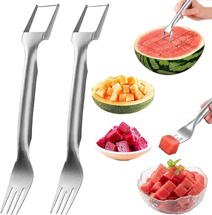 Watermelon Cutter，2-in-1 Stainless Steel Fruit Cutter, 2025 New Upgrade Dual Head Watermelon Fork Slicer Tool, Summer Fruit Cutting Home Kitchen Gadgets (2Pcs)