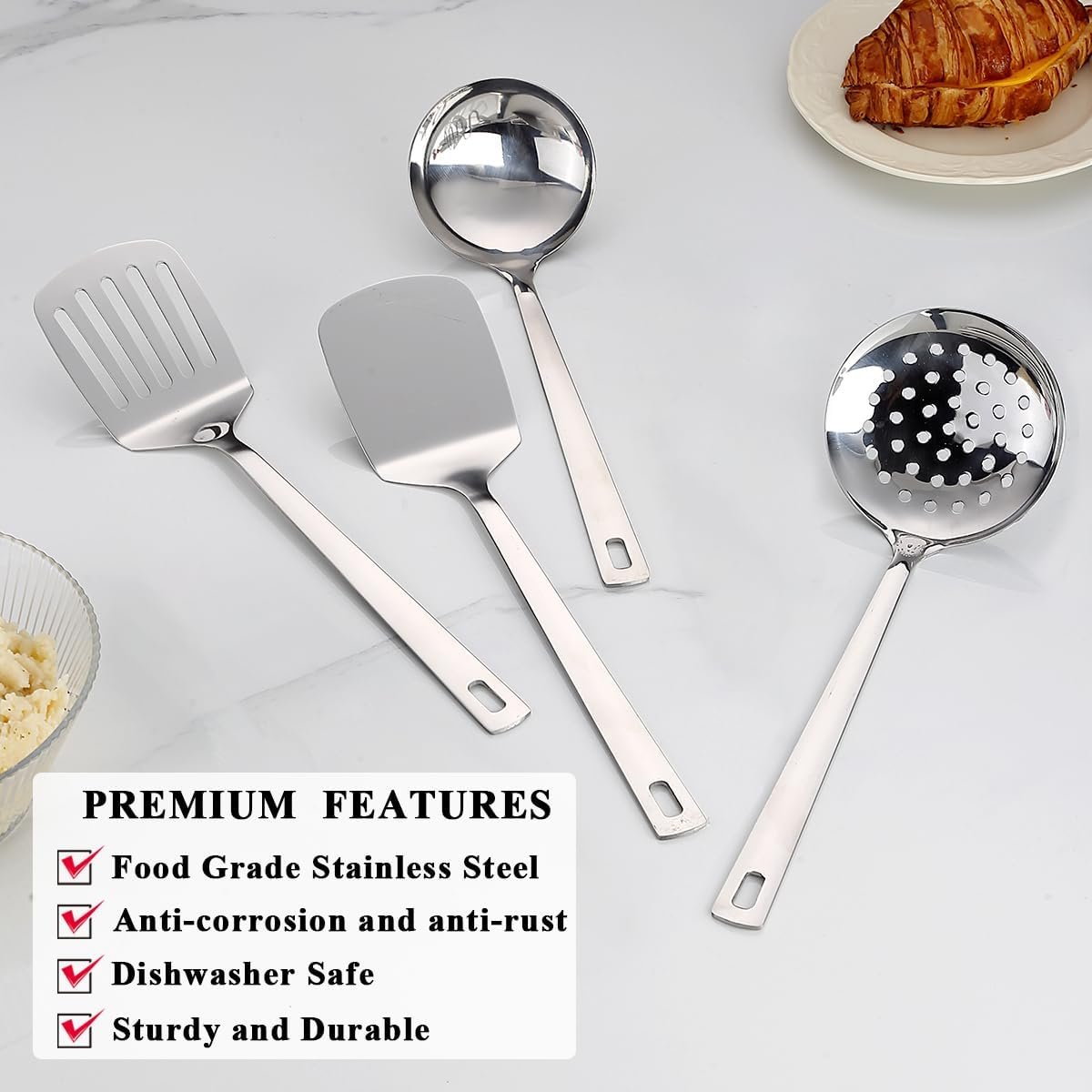 ReaNea Stainless Steel Kitchen Utensils Set 4 Pieces Includes Metal Spatula Set, Kitchen Skimmer, Soup Ladle, Kitchen Gadgets Essentials