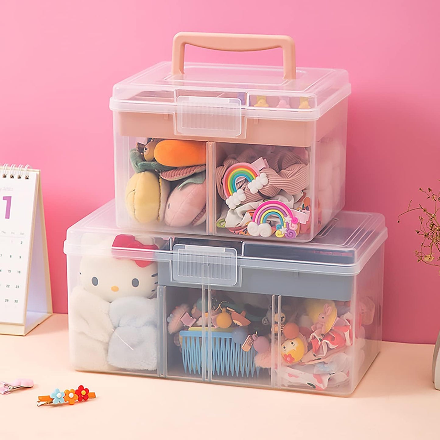 FOREVERIE Small Portable Plastic Cosmetic Case with Handle & Removable Tray & Adjustable Divider, Beauty Ornaments Hair Nail Accessories Storage Box, Sewing Box Organizer, Kids Art Box (Clear & Pink)