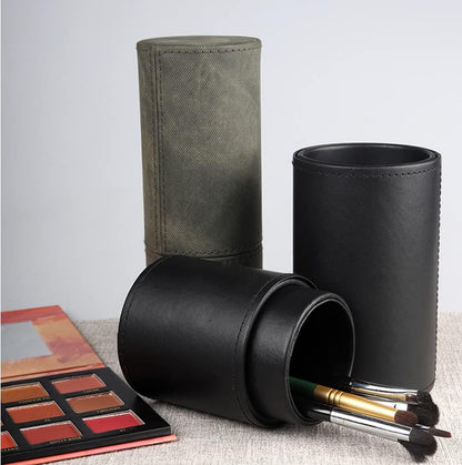 PU Leather Makeup Brush Holder Travel Makeup Brushes Case Makeup Brush Case Organizer Cosmetic Cup Cylinder Makeup Brush Storage Box with Button for Women (Black), Black, 9 x 3.1 x 3.1Inch, fashion
