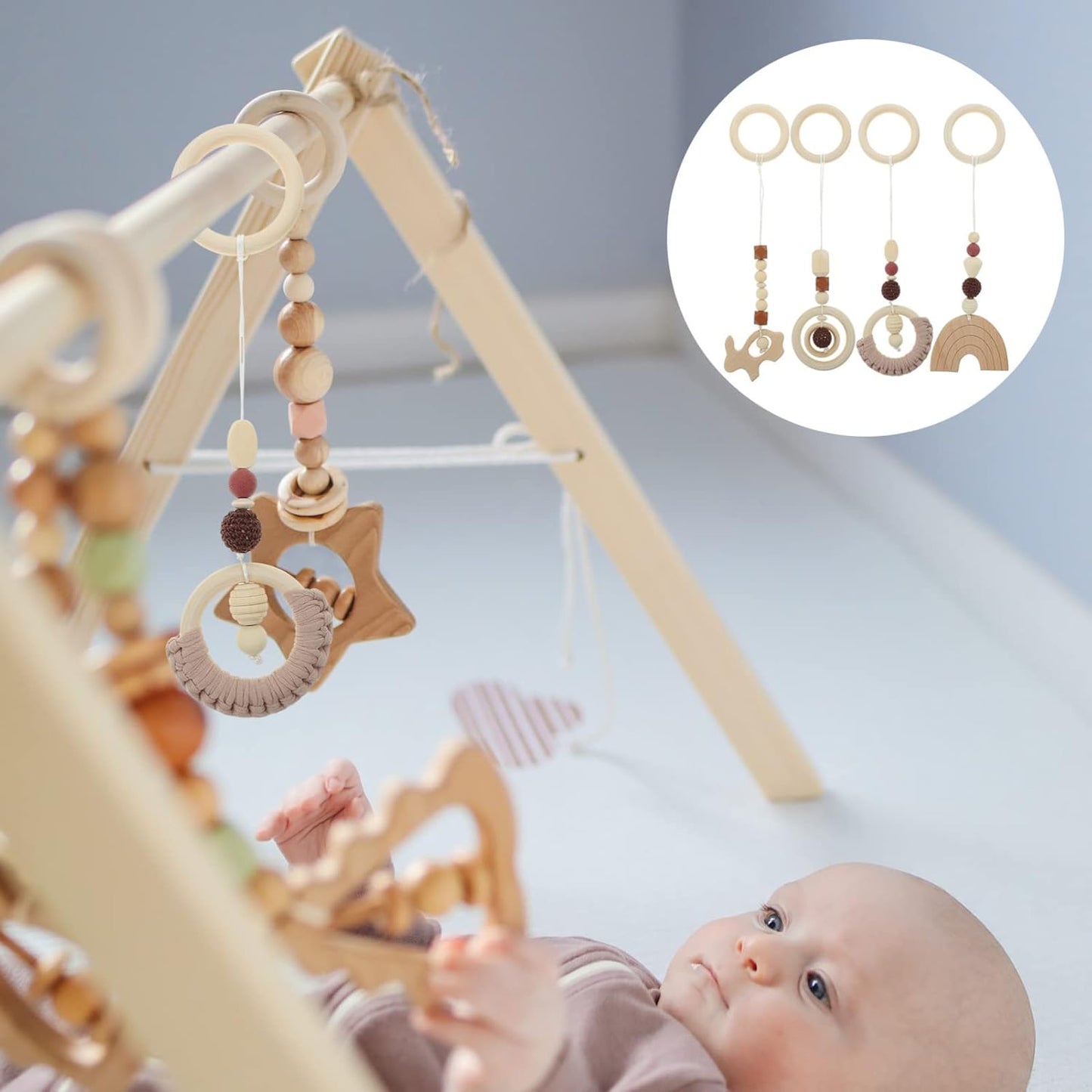 Toddmomy Wooden Baby Gym With 4Pcs Hanging Toys - Sensory Play Gym for Newborns and Toddlers - Nursery Decor