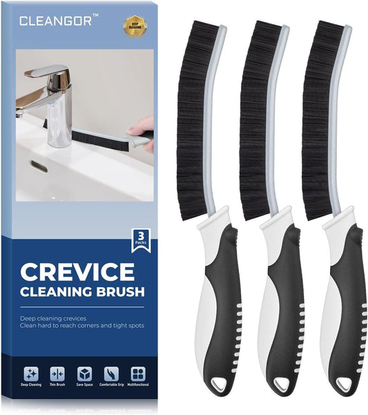 Cleangor Crevice Cleaning Brushes, Scrub Brush for Hard to Reach Small Space, Home Essentials, Cleaning Supplies, Cleaning Tools for Household Use, Bathroom, Shower, Kitchen, Toilet, Window (3, Black)