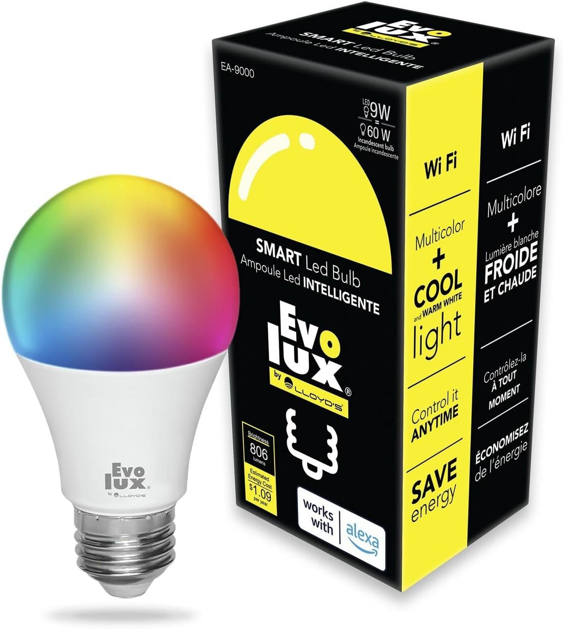 WiFi LED Dimmable Smart Light Bulb (E26) - Ampoule Intelligente - Smart Bulbs Alexa Compatible - Colour Changing, 806 Lumens - Energy Saver for 2.4 GHz Networks No Hub Needed - Warm & Cool White Light