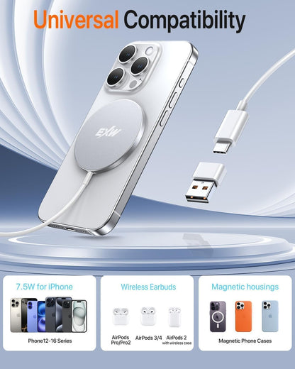 EXW Magnetic Wireless Charger, 15 W Fast Wireless Charger for magsafe, Compatible with iPhone 16/15/14/13/12 Series and AirPods 4/3/2/Pro/Pro 2 (White)