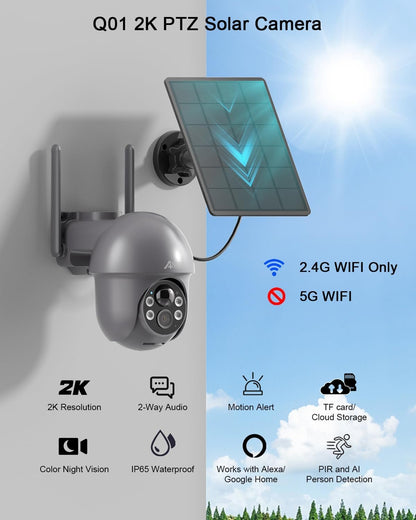 ANRAN Security Camera Wireless Outdoor with 360° View, 2K Solar Outdoor Camera with Smart Siren, Spotlights, Color Night Vision, PIR Human Detection, Pan Tilt Control, 2-Way Talk, IP65, Q1 Grey