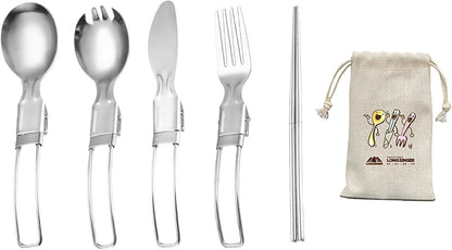 Lightweight Foldable Cutlery Set, Stainless Steel Knife, Fork, Spoon, Chopsticks, Portable Utensils Set, Outdoor Flatware with Storage Bag, Suitable for Travel, Camping, Picnic, Barbecue