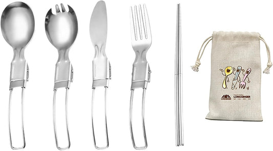 Lightweight Foldable Cutlery Set, Stainless Steel Knife, Fork, Spoon, Chopsticks, Portable Utensils Set, Outdoor Flatware with Storage Bag, Suitable for Travel, Camping, Picnic, Barbecue