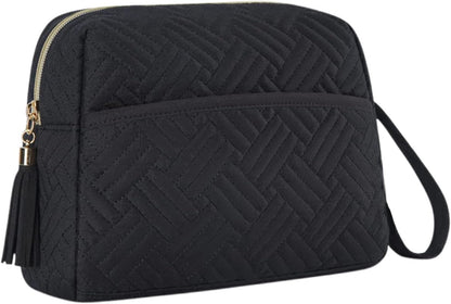 Large Capacity Makeup Bag, Waterproof Cosmetic Organizer with Strap, Travel Toiletries Pouch for Beauty Necessities, Brushes, Accessories, and Daily Use, Black, Please refer to description