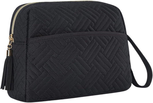 Large Capacity Makeup Bag, Waterproof Cosmetic Organizer with Strap, Travel Toiletries Pouch for Beauty Necessities, Brushes, Accessories, and Daily Use, Black, Please refer to description