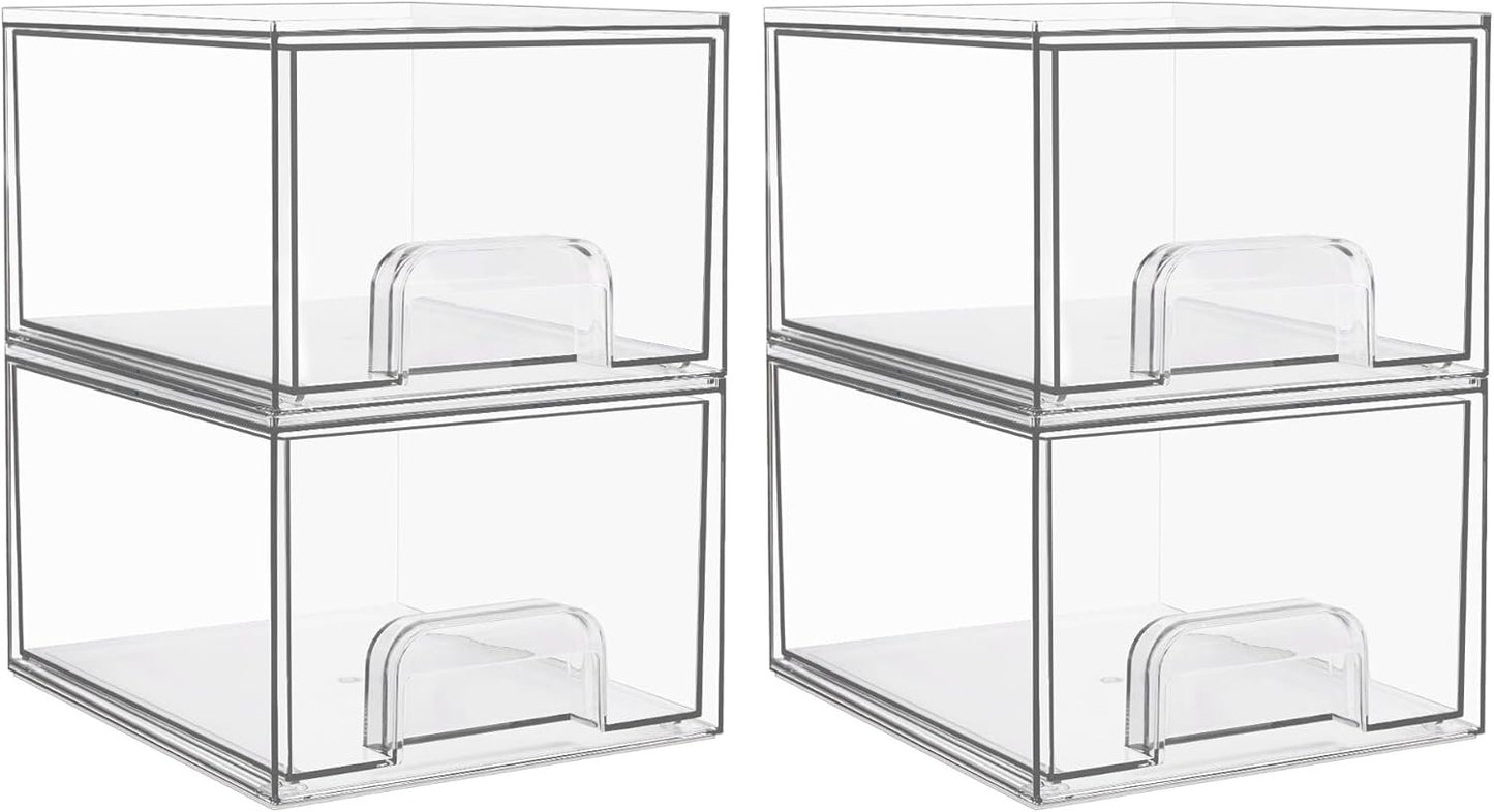 Vtopmart 4 Pack Stackable Makeup Organizer Storage Drawers, Acrylic Bathroom Organizers，Clear Plastic Storage Bins For Vanity, Undersink, Kitchen Cabinets, Pantry, Home Organization and Storage