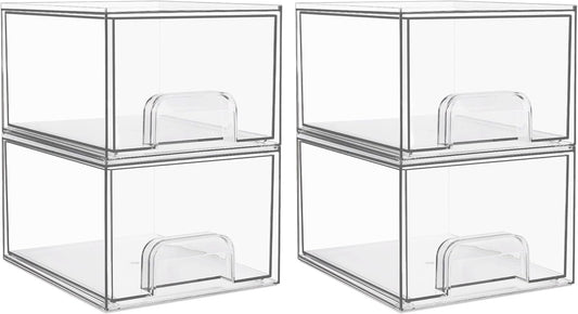 Vtopmart 4 Pack Stackable Makeup Organizer Storage Drawers, Acrylic Bathroom Organizers，Clear Plastic Storage Bins For Vanity, Undersink, Kitchen Cabinets, Pantry, Home Organization and Storage