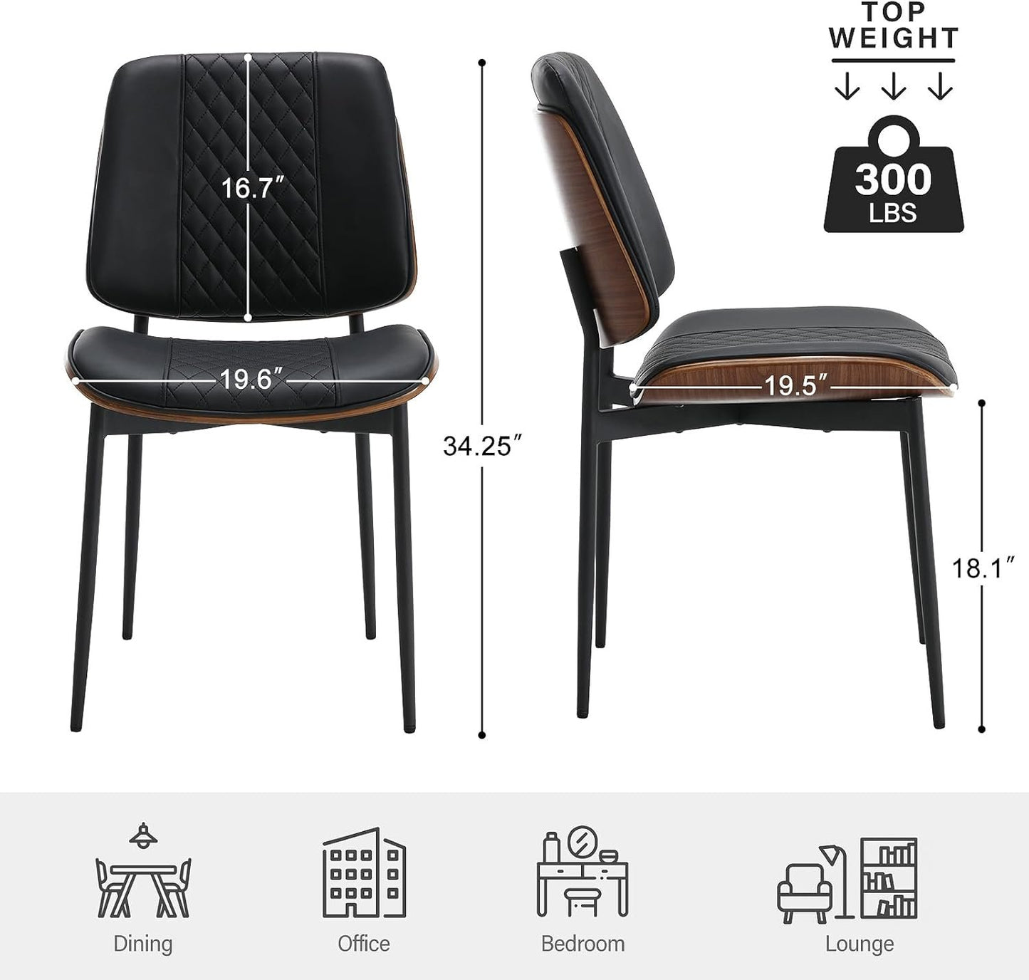 BERYTH Dining Chairs Set of 2, Mid Century Walnut Armless Dining Kitchen Chairs with Metal Legs, PU Leather Bentwood Side Chairs for Dining Room, Kitchen Room, Cafeteria, and Living Room(Black)