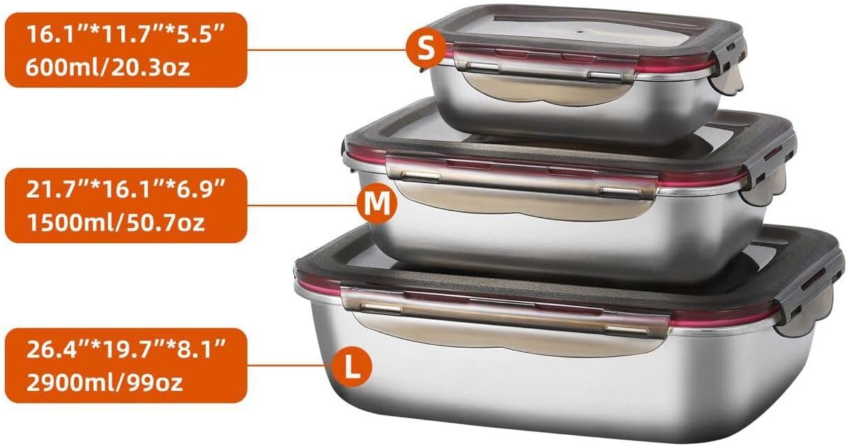 FAB4HOME Leak-proof Stainless Steel Food Storage Container Set of 3 Meal Prep Food Container with Lids Metal Fresh Storage Container for Freezer Oven Dishwasher Safe, 600ml/ 1500ml/ 2900ml Stackable