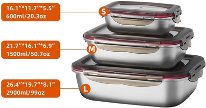 FAB4HOME Leak-proof Stainless Steel Food Storage Container Set of 3 Meal Prep Food Container with Lids Metal Fresh Storage Container for Freezer Oven Dishwasher Safe, 600ml/ 1500ml/ 2900ml Stackable