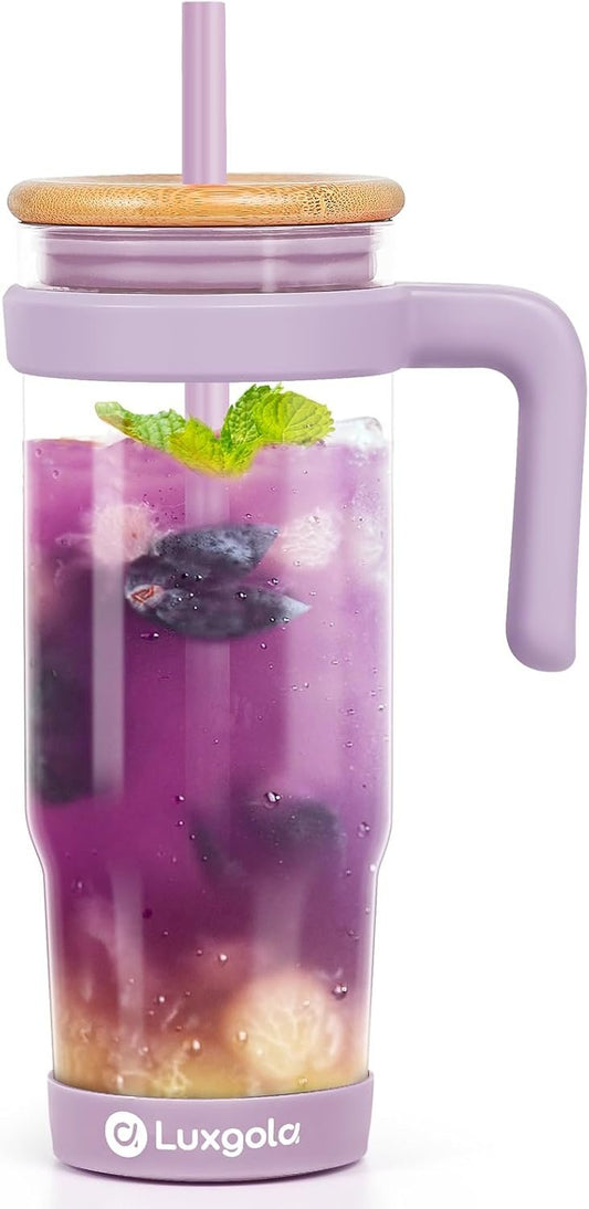 Luxgola 32 oz Glass Tumbler with Handle, Iced Coffee Cup with Bamboo Lid and Straws, Reusable Clear Glass Water Cup with Protective Base - Fits in Car Cup Holder, Dishwasher Safe - Taro Purple