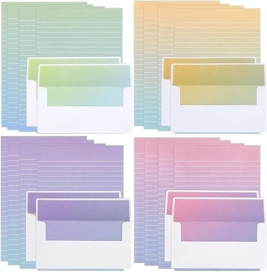 KSIWRE Watercolor Stationery Set with Envelopes, 16 Lined Paper Sheets + 8 Envelopes, Gradient Colors Stationery Paper for Writing Letter Poems Invitations Best Wishes