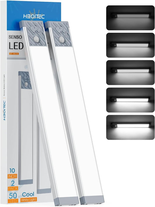 HIBOITEC Under Cabinet Lighting Rechargeable Closet Lights Wireless Motion Sensor Light Indoor, 50 LED Dimmable Magnetic Under Counter Light for Kitchen, Pantry, 2 Pack, Cool White Light, 10 inch