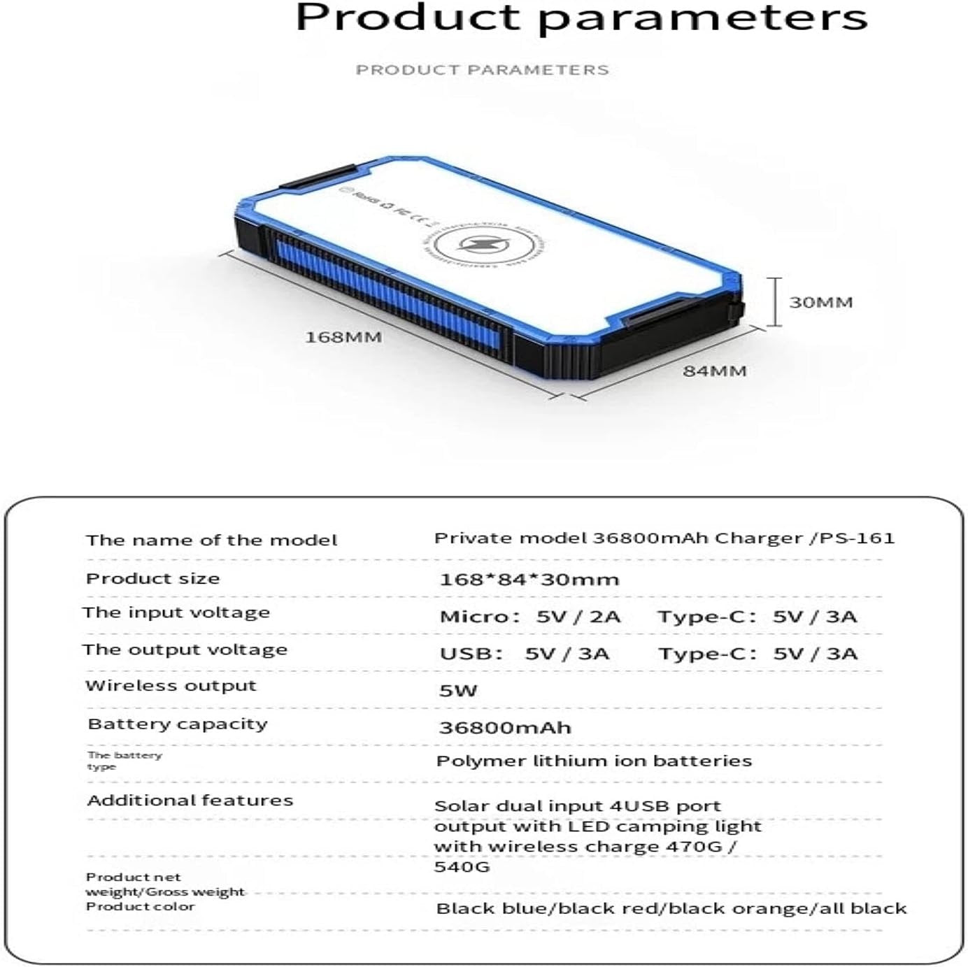 Solar Portable Power Bank 6 Mobile Phones at The Same Time 36800mA Solar Charger with LED Camping Lights High-Capacity External Battery Pack Wireless Portable Charger Outdoor Camping (Blue)