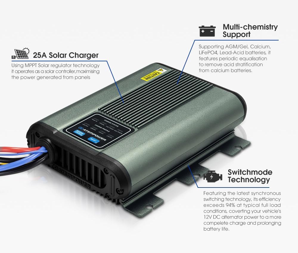 ATEM POWER 12V 25A DC to DC Battery Charger with Solar Input MPPT Controller for Lead Acid, AGM, Gel, Calcium, LiON Batteries, Multiple Protection Design On-Board Charger