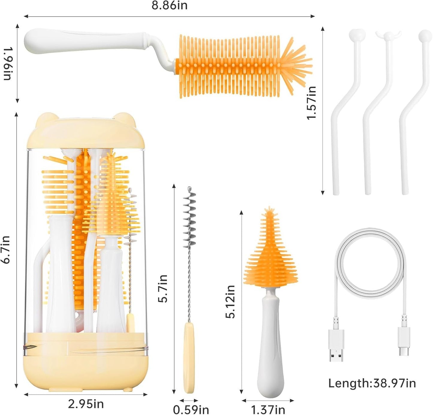 Baby Bottle Brush,Travel Bottle Cleaner Kit,Silicone Bottle Brush,Straw Cleaner Brush,Nipple Brush,Drying Rack-Baby Travel Essentials for Flying(Orange, Cylindrical)