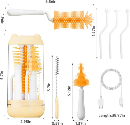 Baby Bottle Brush,Travel Bottle Cleaner Kit,Silicone Bottle Brush,Straw Cleaner Brush,Nipple Brush,Drying Rack-Baby Travel Essentials for Flying(Orange, Cylindrical)