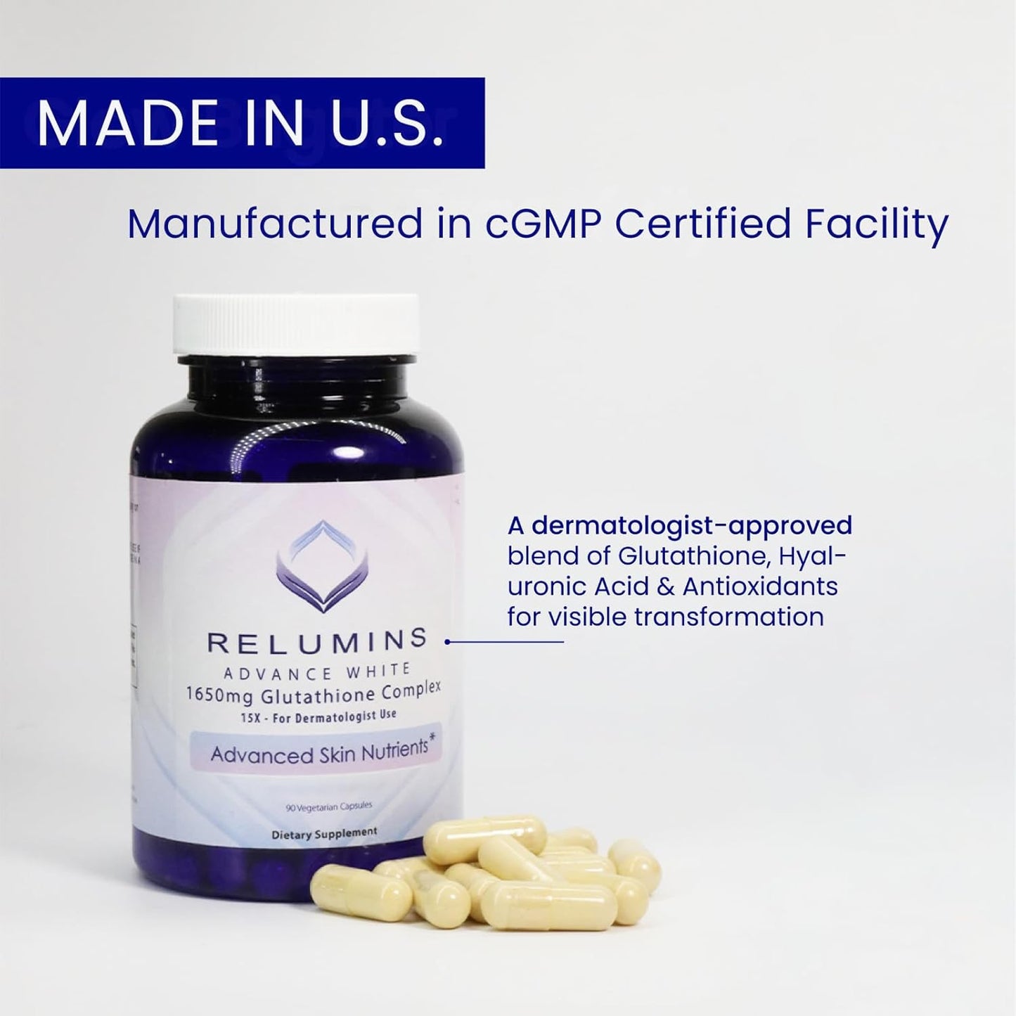 Relumins 1650mg L-Glutathione Complex with Hyaluronic Acid, Alpha Lipoic Acid, Rose HIPS, Vitamin E & Riboflavin – Antioxidant Support, Skin Hydration & Wellness – 90 Veggie Capsules