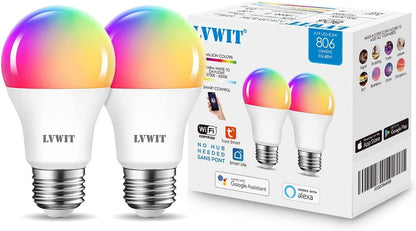 Smart Light Bulb 2 Pack, LVWIT A19 Smart LED, Work with Alexa, Google Assistant, Smart Life App, Tuya App, 8.5W (60W Replacement), 2700K-6500K, E26 RGB Color Changing Bulb, No Hub Required