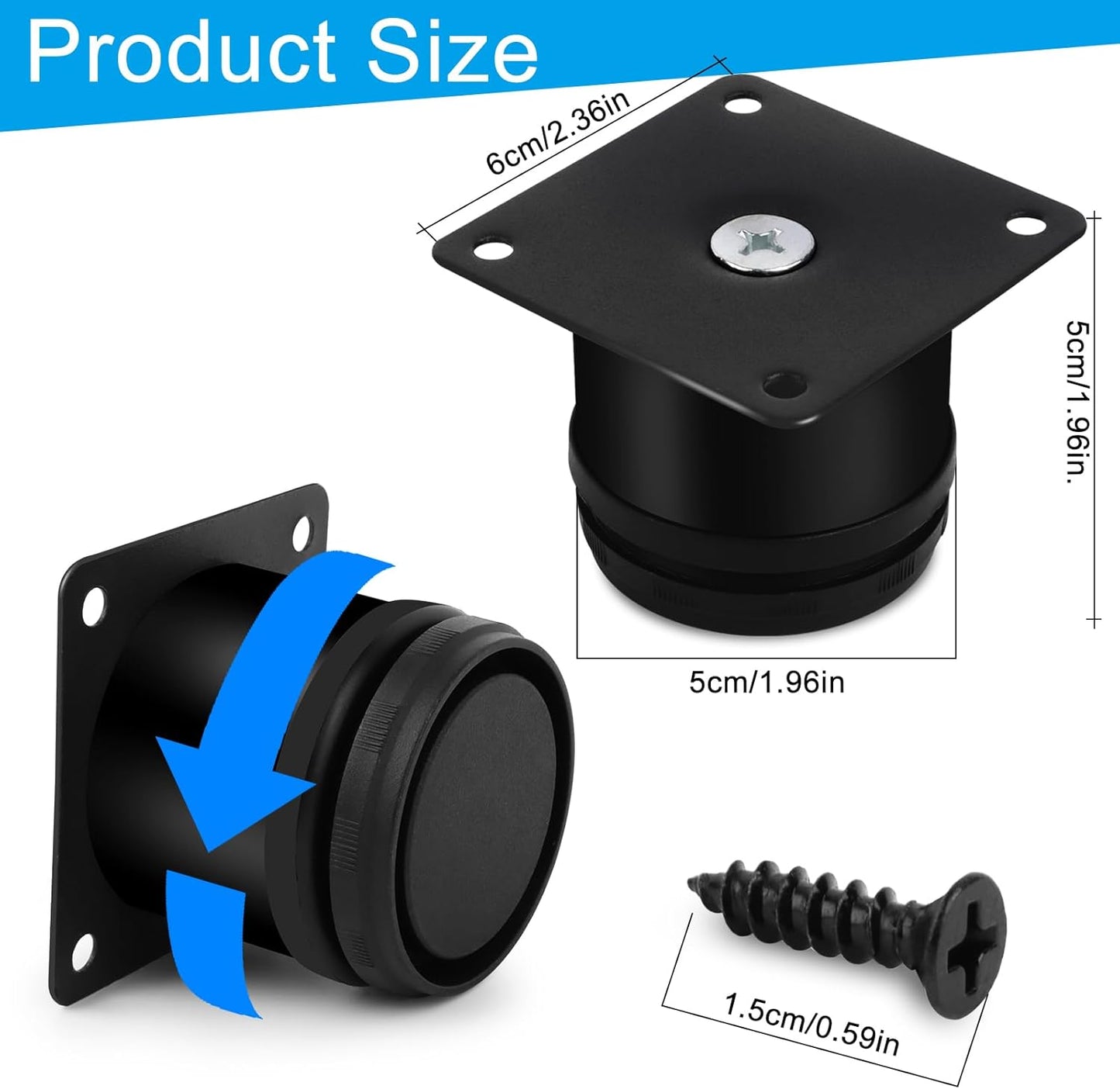 NVIYAM Set of 4 Adjustable Furniture Feet Height 0-15 mm, Universal Bed Feet 50 mm Round, Adjustable Foot for Kitchen, Table, Bed with Screws