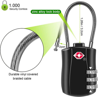 MAEZOE 4 Pack TSA Approved Luggage Locks, Combination Travel Cable Lock, 3-Digit Waterproof Padlock with Alloy Body, Keyless Resettable Suitcase Locks for Travel, Lockers, Bags, Backpack, Gym