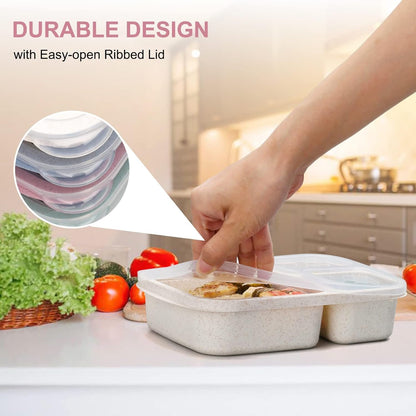 4 Pack Bento Lunch Box 3 Compartment Lunch Containers for Kids,BPA Free Plastic Divided Food Meal Prep Containers Reusable,for Schools,Work and Travel