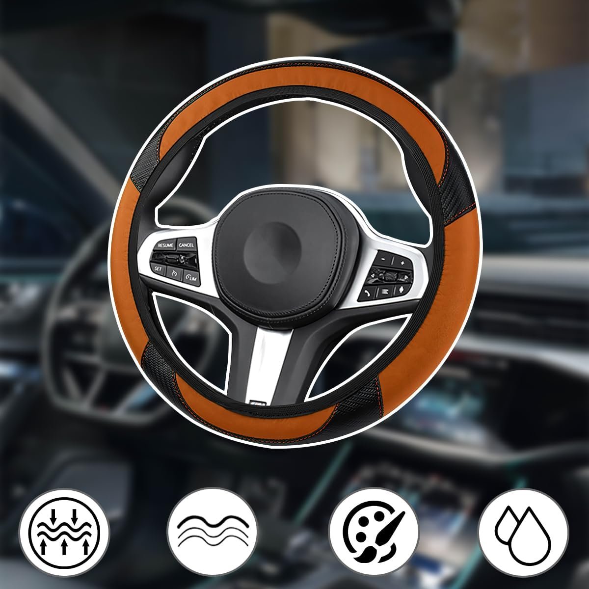 Bittwee Car Steering Wheel Cover, Anti-Slip PU Leather & Carbon Fiber Steering Wheel Protector, Universal 14.5-15 Inch, Automotive Interior Accessories, Fit for Most Cars SUVs (Orange)