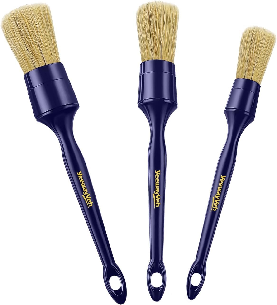 Car Detailing Brush Set, 3 Pack Ultra Soft Boars Hair Detailing Brushes for Leather Seat Air Vents Engine Bay, Auto Detail Brushes Car Detailing for Interior Exterior, Indigo