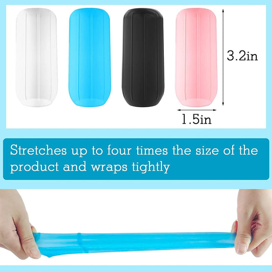 8 Reusable Silicone Accessory Elastic Sleeve Toiletry covers for Leak Proofing, for Standard and Travel Sized Toiletries.