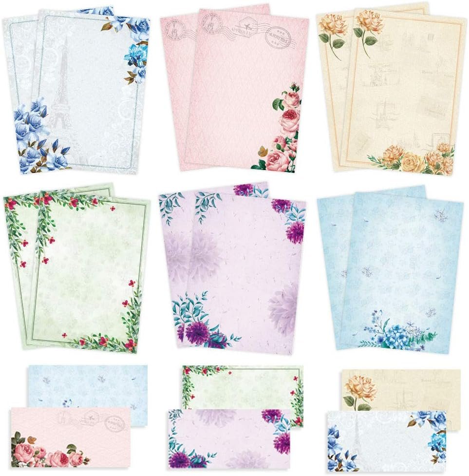 Stationary Paper and Envelopes Set, 8.5 x 11 Inch Stationery Set Vintage Floral Letter Writing Paper, 48 Sheets Writing Paper with 24 Envelopes