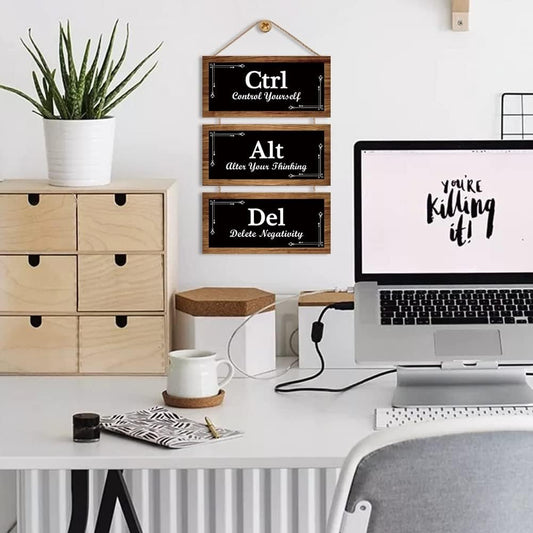 CHDITB Inspirational Rustic CTRL ALT DEL Wood Sign Decor,(11”X5.3”),Alter Your Thinking Office Wall Decor,Motivational Sayings Wooden Hanging Wall Plaques for Home Office Living Room Wall Art Decor